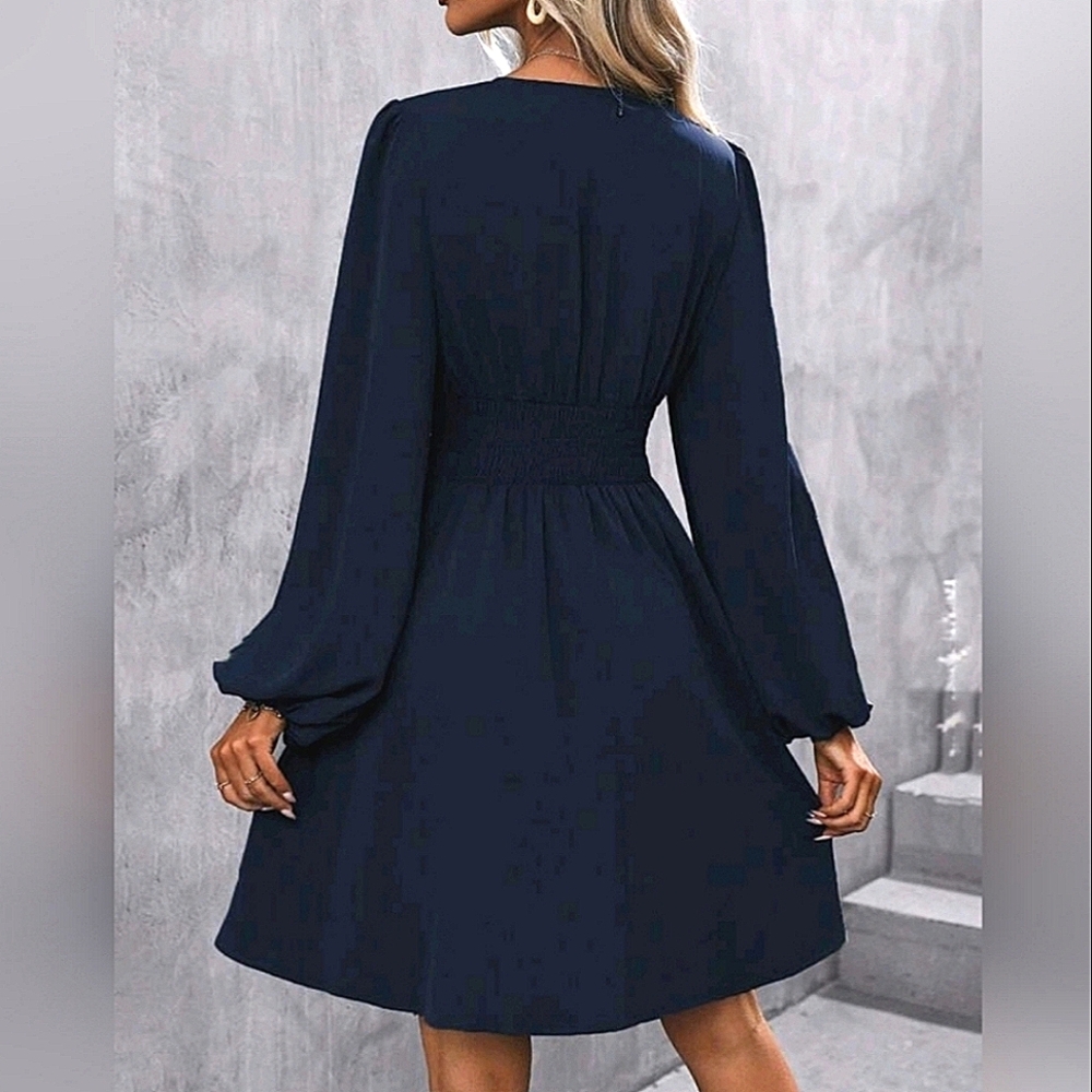 NEW Chic Ruched Waist Short Dress Lantern Long Sleeve Navy Blue - Picture 5 of 9